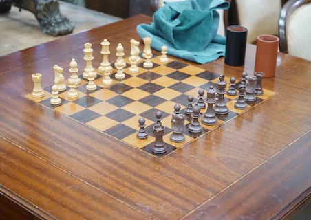 A reproduction square mahogany inlaid games table with chequer board surface, interior with baize and backgammon surfaces, width 91cm, height 78cm